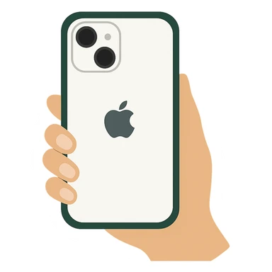Image of a white iPhone with a dark green case, viewed from the back, held by a female hand with nude manicure, minimalist design, no emojis included, emoji style. sticker