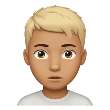 Short buzz, messy blonde hair. Dark brown bushy eyebrows large expressive golden-brown eyes, wearing a plain white t-shirt. Male Teenager. Brown skin color.  sticker