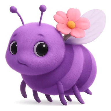 A 3D emoji of a purple bee, facing left, with a neutral expression, detailed texture on its body, slightly blurred wings, and a small flower on its back. sticker