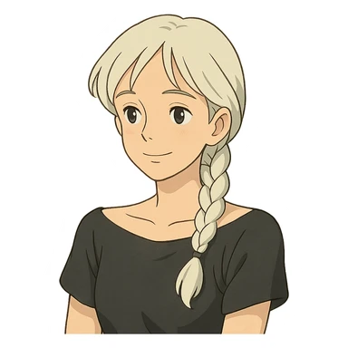 young woman psychologist, white braided hair, black off-shoulder shirt, gentle expression, ghibli style sticker