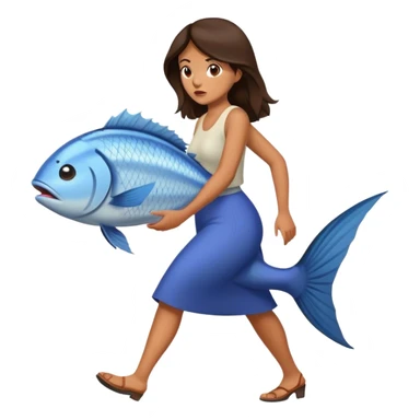 Confused Brunette Woman walking with huge fish sticker
