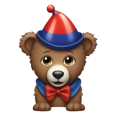 Brown baby bear. Wearing jester collar and a clown hat. The clown accessories are Red, Navy, And white. sticker