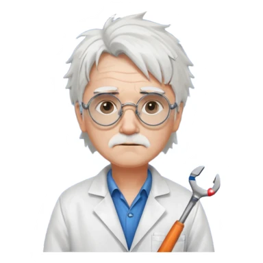 Portrait of an eccentric inventor with messy white hair, round goggles on forehead, sad face , wearing a slightly burnt lab coat, background of workshop with blueprints and tools sticker