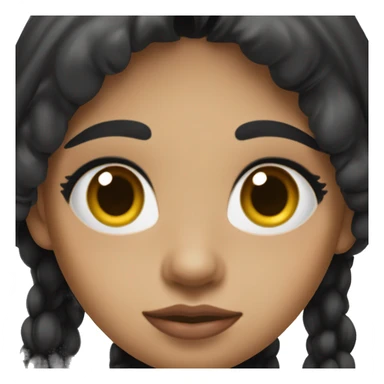 A girl with long black hair tending towards maroon, fair skin, wide black eyes, a small, slanted nose, full lips, a long face, and full cheeks sticker