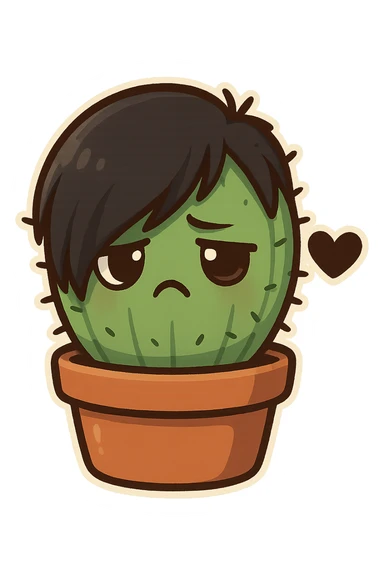 chibi sticker-style cactus with an emo face, black heart accent, cute and exaggerated sticker