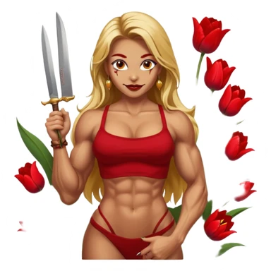 sexy tanned slavic girl, with knife, evil smile, sexy and muscled, long golden hair, flowers, flexing pose, full body nude, beautiful eyes with makeup, colored lips, makeup, earrings, tattoes, muscled and nude, surrounded by dark red tulips sticker