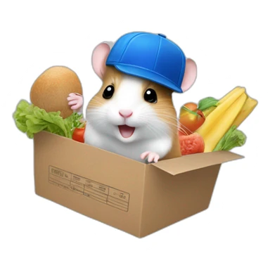 jumping up in the air hamster with blue hat on and with groceries in it's hand sticker