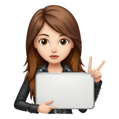 A fair skin rocker chick with long brown hair holding a large blank sign sticker