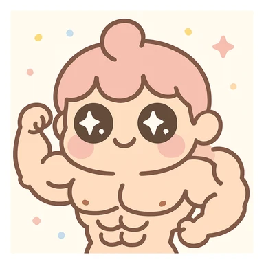 Make the kawaii character look buff and muscular, keep the pretty pink style, big eyes, cute lips, playful expression. sticker