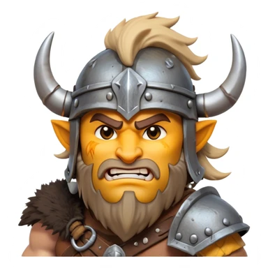 Clash of Clans aesthetic: Cinematic Fierce Barbarian Portrait Emoji, Poised and bold with a rugged yet cartoonish build in tattered furs and a horned helmet, expressive bright eyes and a confident smirk, Simplified yet dynamic features, highly detailed, glowing with a vivid, adventurous aura, high shine, heroic and spirited, stylized with an air of medieval warrior charm, focused and energetic, soft glowing outline, capturing the essence of a fearless barbarian adventurer ready to lead his clan with spirited valor! sticker