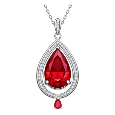 enchanted ruby talisman, teardrop shape, glowing with life force, encircled by white stones on a floating silver chain sticker