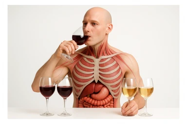corpo umano con apparato digerente che  ha davanti a sè un tavolo bianco con sopra qualche bicchiere di vino bianco e qualche bicchiere di vino rosso, lui sta bevendo un bicchiere di vino rosso, non fare che ha il dito sulla fronte, prendi solo spunto dallo stile grafico della foto che ho allegato, sfondo bianco, stile realistico, non disegnato, 4k sticker