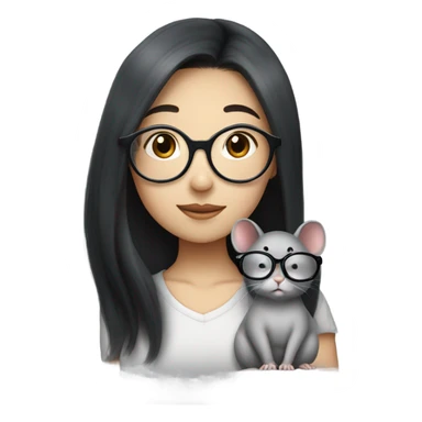 A korean girl with long black hair and circle frame glasseswhispering to a grey rat sticker