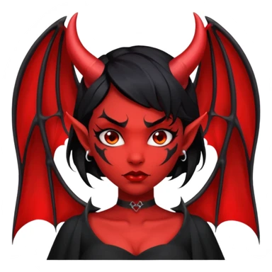 Demon girl, entire skin solid red, black hair, horns, bat wing, black dress, tattoo-flash comic. sticker