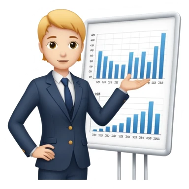 person presenting in front of a simple chart or graph, wearing a blazer and a confident posture sticker