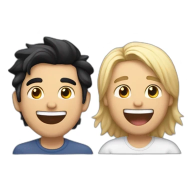 Gay couple, 1 guy Latino black straight hair and 1 Australian white guy with blonde slightly curly hair laughing full body and a cat as a pet sticker