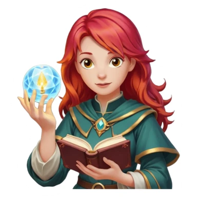 female dnd cleric with red hair holding a magic book in one hand and having a ball of light in the other sticker