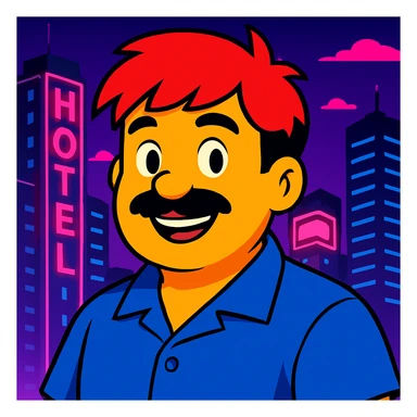 Make the face a bit rounder and add a smile, keep the vibrant toon style, neon city background, and all original colors and lighting sticker