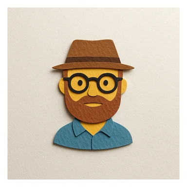 man with hat, beard, and glasses, paper craft style sticker