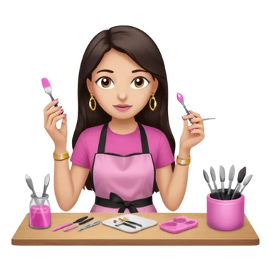 Fille cheveux long châtain foncé, peau beige type européen yeux marron, teeshirt rose avec un tablier noir, piercing au nez anneau doré, boucle d’oreille type diamant doré. Elle fait les ongles nail artiste sticker