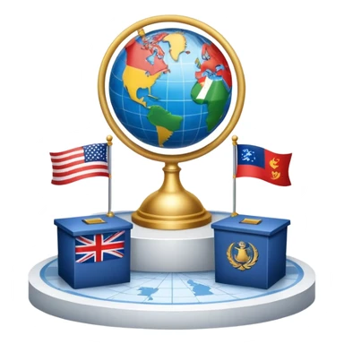 An icon featuring a podium with a speaker, national flags, and voting ballots, symbolizing political science. The design includes a globe and scales of justice in the background, representing governance, global affairs, and political theory. Transparent background emphasizes civic engagement sticker