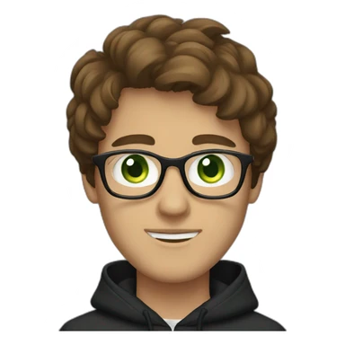 brown hair, glasses, green eyes, macbook, men, black hoodie, sticker