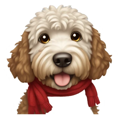 A dark brown and white furry golden doodle in a red scarf sticker