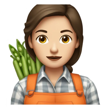 farmer brunette white woman with bunch of peas and carrots in her hands from the garden with gloves on, frowning sticker