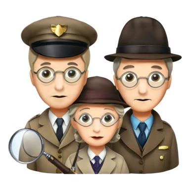 Icon for Detective Movies: A colorful collage with Sherlock Holmes, Miss Marple, and Pinkerton. Include magnifying glasses, clues, detective tools, a criminal and a policeman in the background. The design should evoke mystery and intrigue, with a classic detective movie feel. Transparent background. sticker