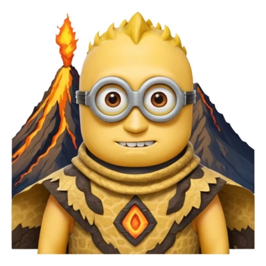 a minion wearing ancient animal skin cloth with volcano behind, half body, icon sticker