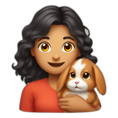 woman with brown neyes and long wavy black hair in a red shirt is holding a very fluffy orange rabbit sticker