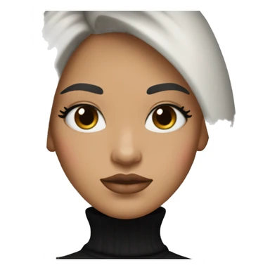 White tan women with strait black hair with long curtain bangs and long eyelashes brown eyes and pink cheeks with pink lips and black brown eyebrows wearing a black turtleneck sticker