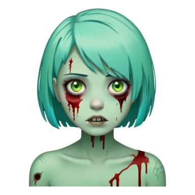 cartoon zombie girl with short turquoise hair bob cut, green decaying skin, bloody scars sticker