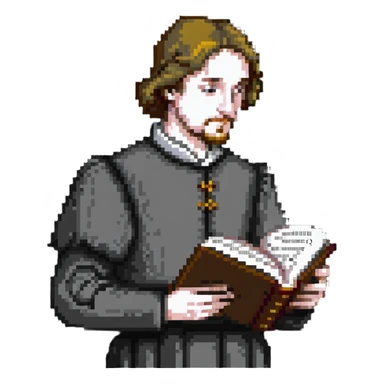 person reading the Canterbury Tales and drinking tea, Geoffrey Chaucer standing behind sticker