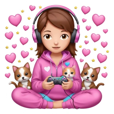 A brown-haired cartoon girl in a pink sparkly hoodie with headphones on, holding a game controller, surrounded by hearts, stars, and a puppy and kitten cuddling at her feet. sticker