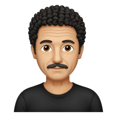 60 year old Greek man with short black curly hair that sticks up and has a black shirt sticker
