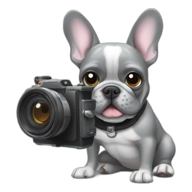 grey French bulldog holding a camera sticker