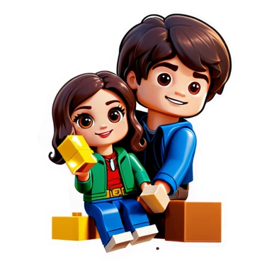 A handsome young man with dark hair, a little heavy sits with his girlfriend with cascading, dark brown hair, flowing down her face as they sit together playing Legos sticker