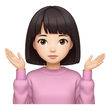 a asian japanese girl with a dark brown bob with curtain bangs, wearing a pastel pink wintery sweater sticker
