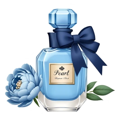 pearl blue vintage style perfume bottle and navy colored peonies and a powder blue bow sticker
