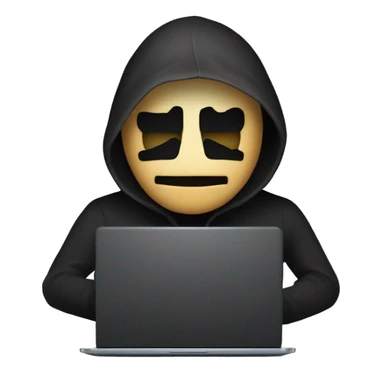 create an anonymous hacker emoji, having a  laptop, and in that laptop display a set of hacking programming is running in the laptop display. make that emoji background is black.  sticker