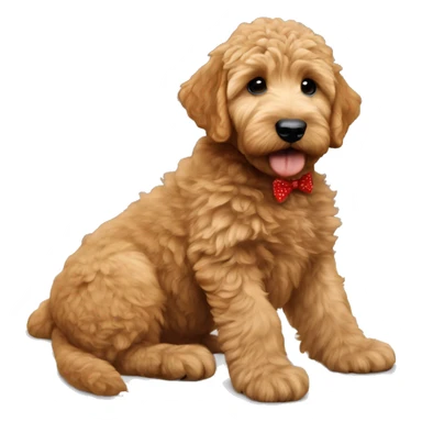 Ginger golden doodle. Baby. Full body sitting down. Red bow sticker