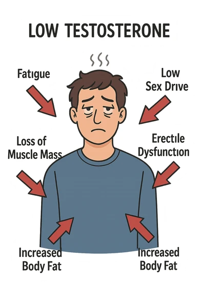  un uomo con espressione affaticata, circondato da frecce rosse che evidenziano sintomi di testosterone basso. frecce rosse sticker