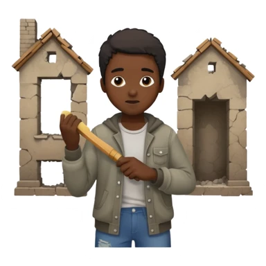 Character brushing dust off themselves as ruins fall behind sticker