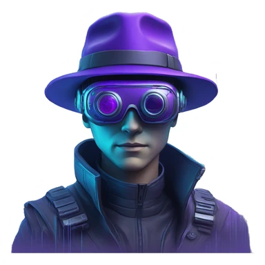 Secret human agent in a hat with  cyberpunk elements in VR googles scanning looking reviewing multicolor lines of code, cyan and purple colors, only upper body portrait sticker