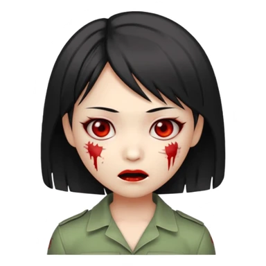 cute Asian zombie girl emoji with Ada Wong hairstyle, pale greenish skin, red eyes, subtle stitches, playful expression sticker