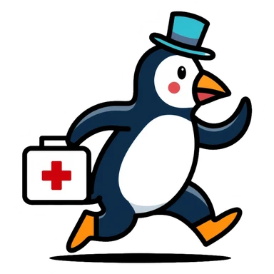 Side view of a penguin doctor running, wearing a top hat, holding a medical box with a red cross sticker