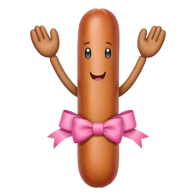 a sausage with arms, legs, face, a pink bow below sticker