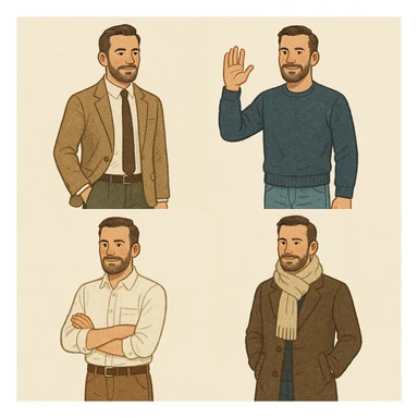 Create images of a man in different outfits and poses in the same style as the reference image. Maintain the style characteristics and details of the original man. sticker
