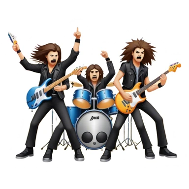 Icon for Heavy Metal Music: 4 men band on stage with electric guitars, drums and intense lighting. 4 Musicians headbanging, surrounded by energy and stage effects, capturing the power and intensity of a metal concert. Transparent background. sticker